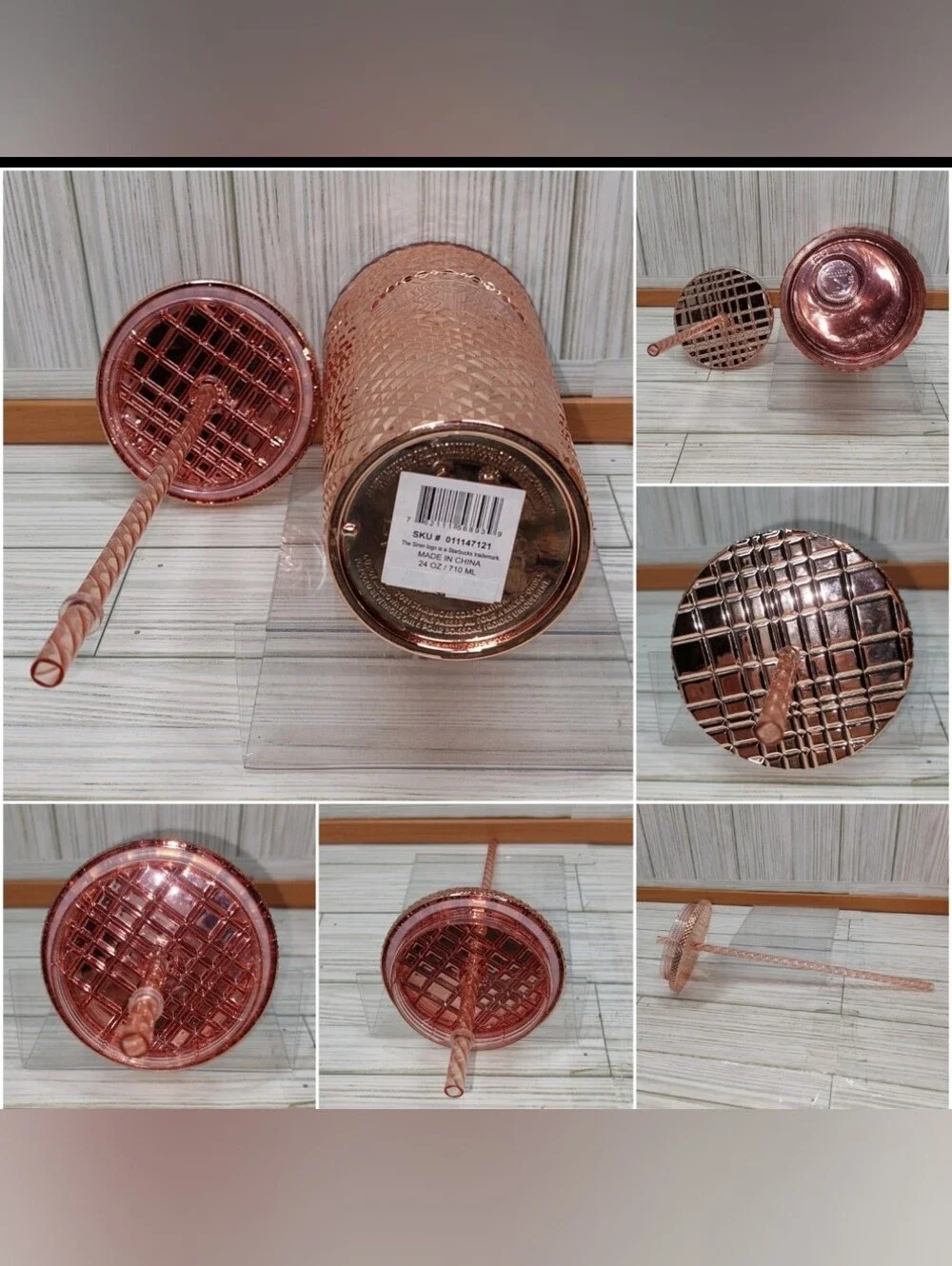 Starbucks 24oz Reflective Acrylic Rose Gold Diamond Textured Lid & Straw Tumbler